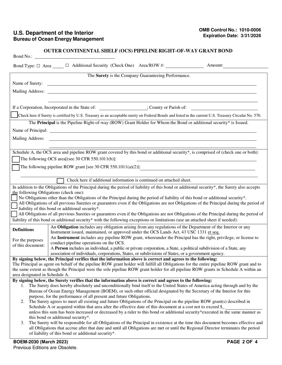 Form BOEM-2030 Outer Continental Shelf (Ocs) Pipeline Right-Of-Way Grant Bond, Page 2
