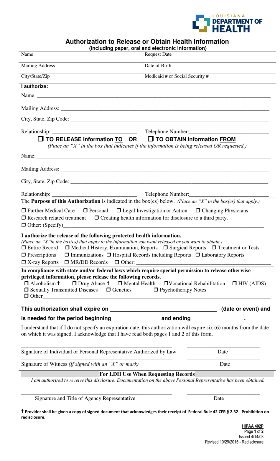 Form HIPPA402P Authorization to Release or Obtain Health Information - Louisiana, Page 1