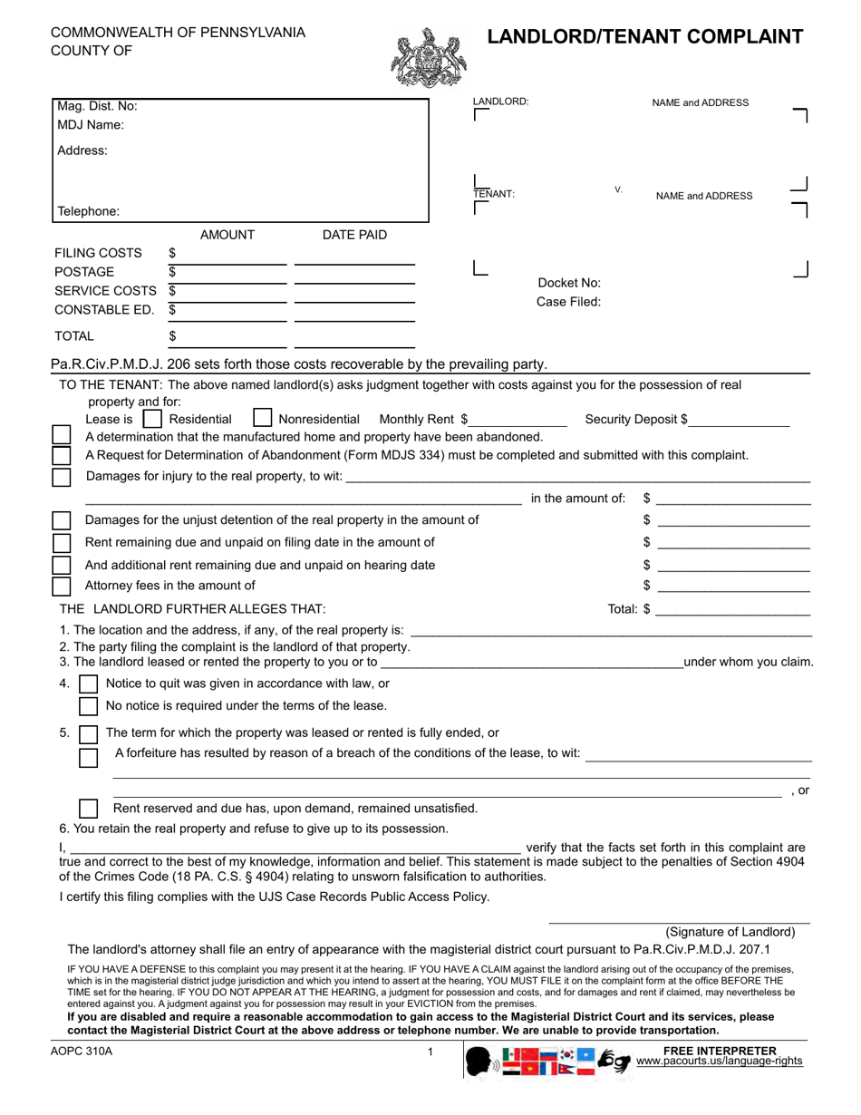 Form AOPC310A Landlord / Tenant Complaint - Pennsylvania, Page 1