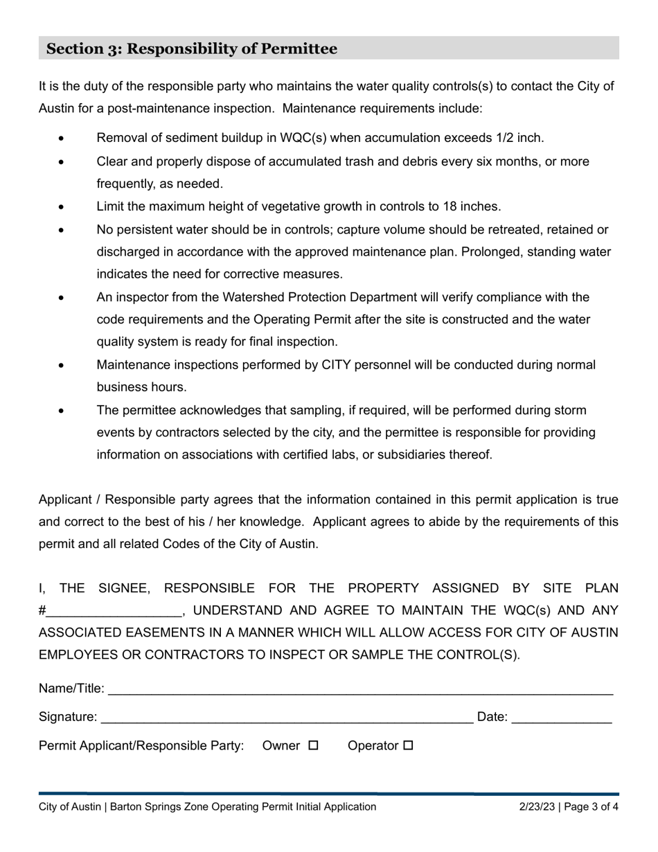 Barton Springs Zone Operating Permit Initial Application - City of Austin, Texas, Page 3