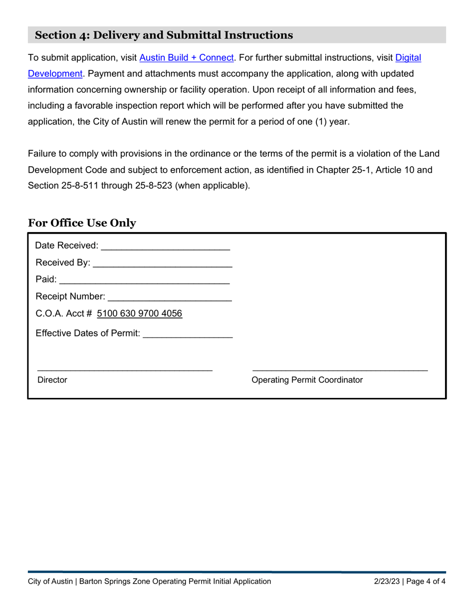 Barton Springs Zone Operating Permit Initial Application - City of Austin, Texas, Page 4