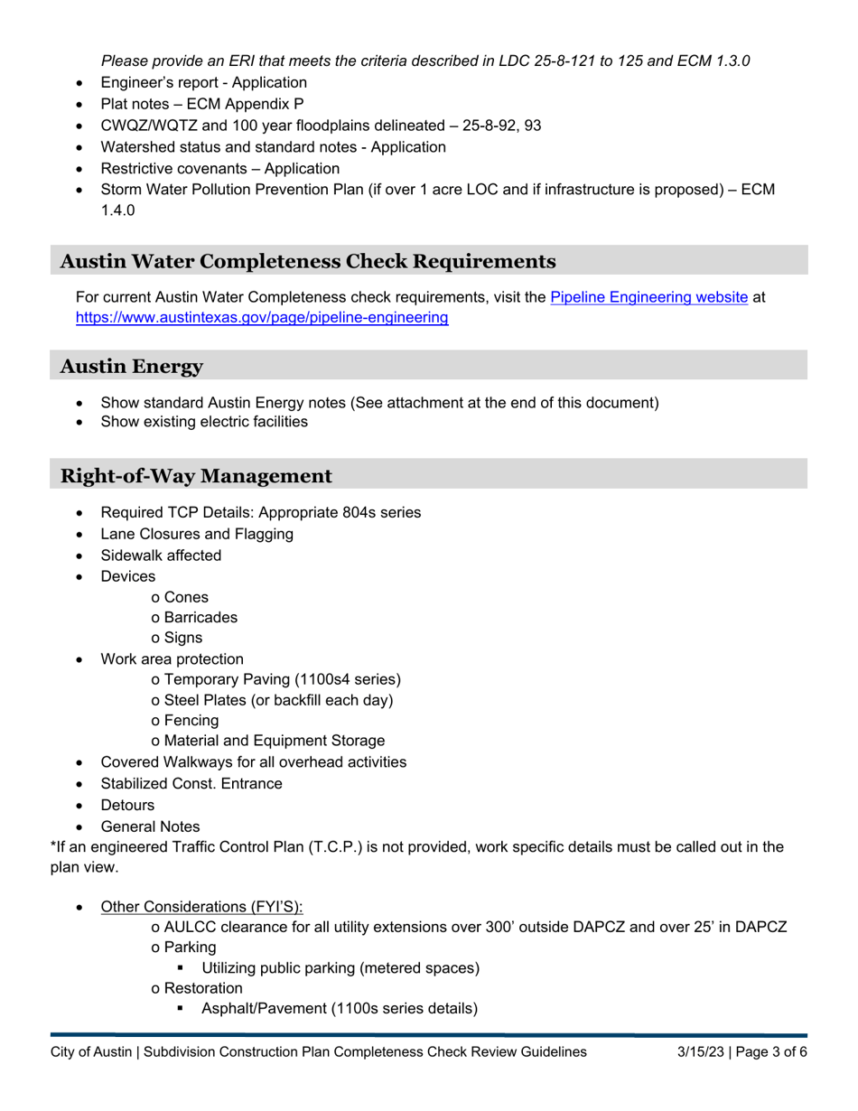Subdivision Construction Plan Completeness Check Review Guidelines - City of Austin, Texas, Page 3