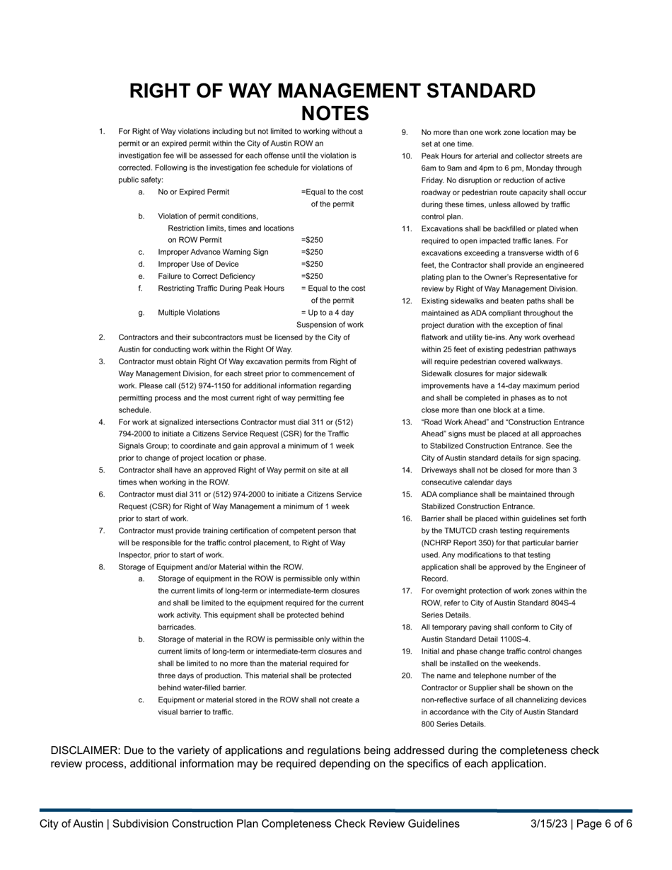 City of Austin, Texas Subdivision Construction Plan Completeness Check