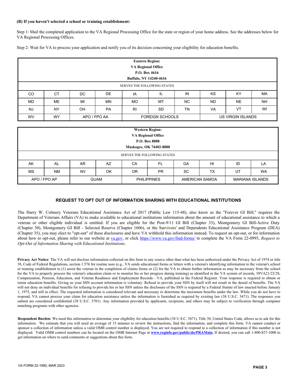 VA Form 22-1990 Application for VA Education Benefits, Page 3