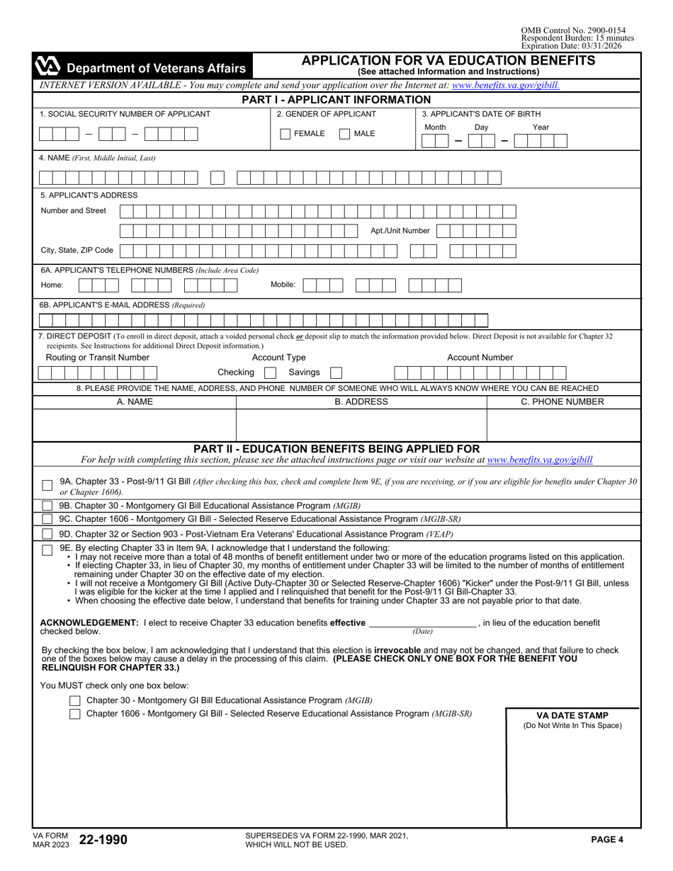 VA Form 22-1990 Application for VA Education Benefits, Page 4