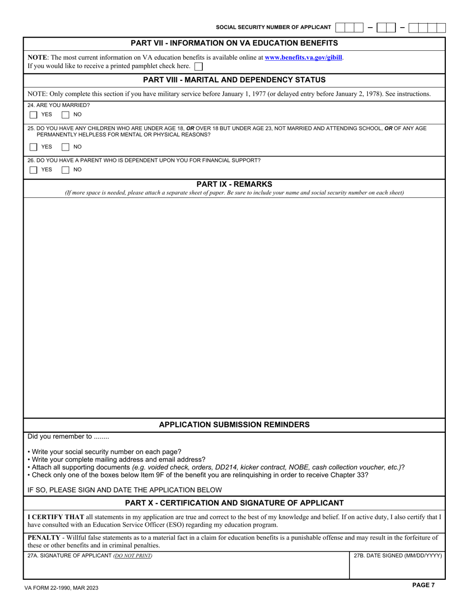 VA Form 22-1990 Application for VA Education Benefits, Page 7