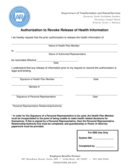Authorization to Revoke Release of Health Information - Arkansas Download Pdf