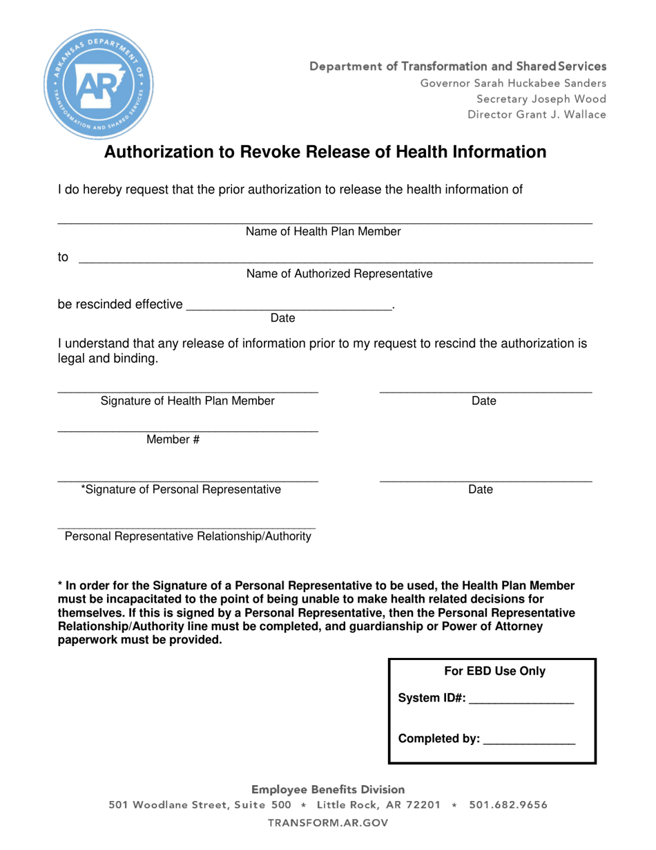 Authorization to Revoke Release of Health Information - Arkansas, Page 1