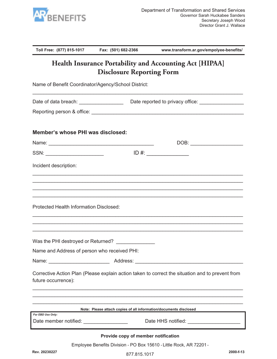 Health Insurance Portability and Accounting Act (HIPAA) Disclosure Reporting Form - Arkansas, Page 1