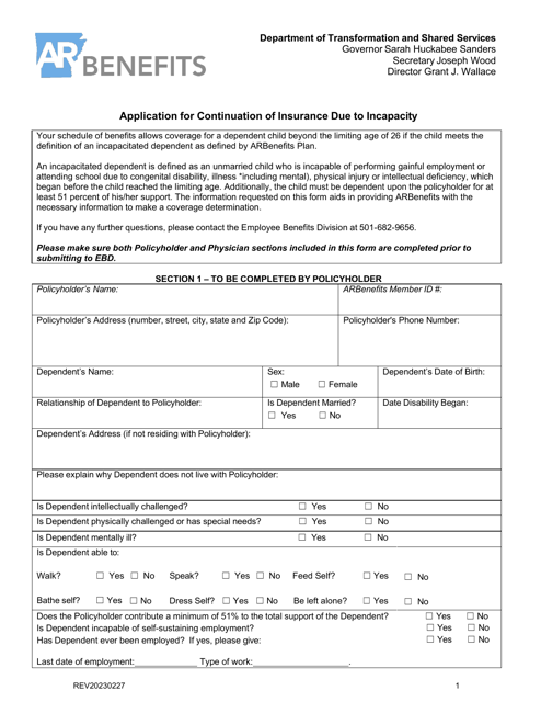 Application for Continuation of Insurance Due to Incapacity - Arkansas Download Pdf