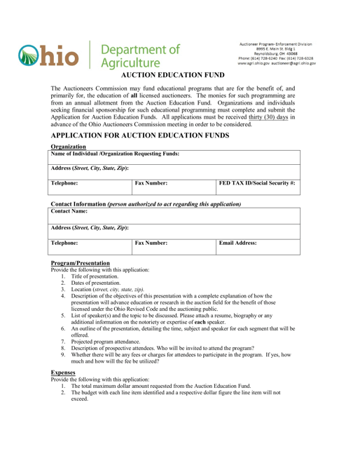 Application for Auction Education Funds - Ohio Download Pdf