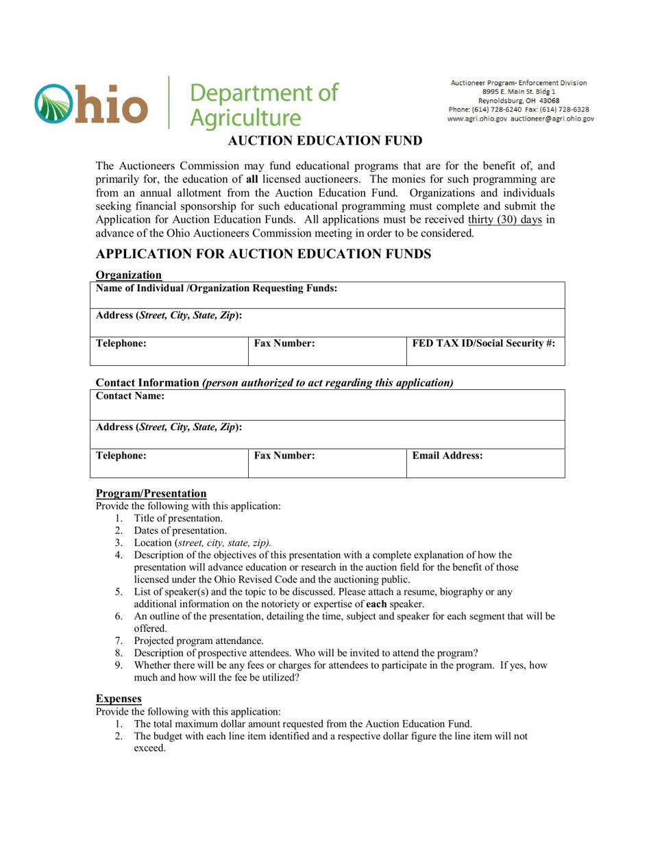 Application for Auction Education Funds - Ohio, Page 1