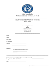 Document preview: Court Appointed Attorney Voucher (Mental Health) - Williamson County Court at Law No. 2 - Williamson County, Texas