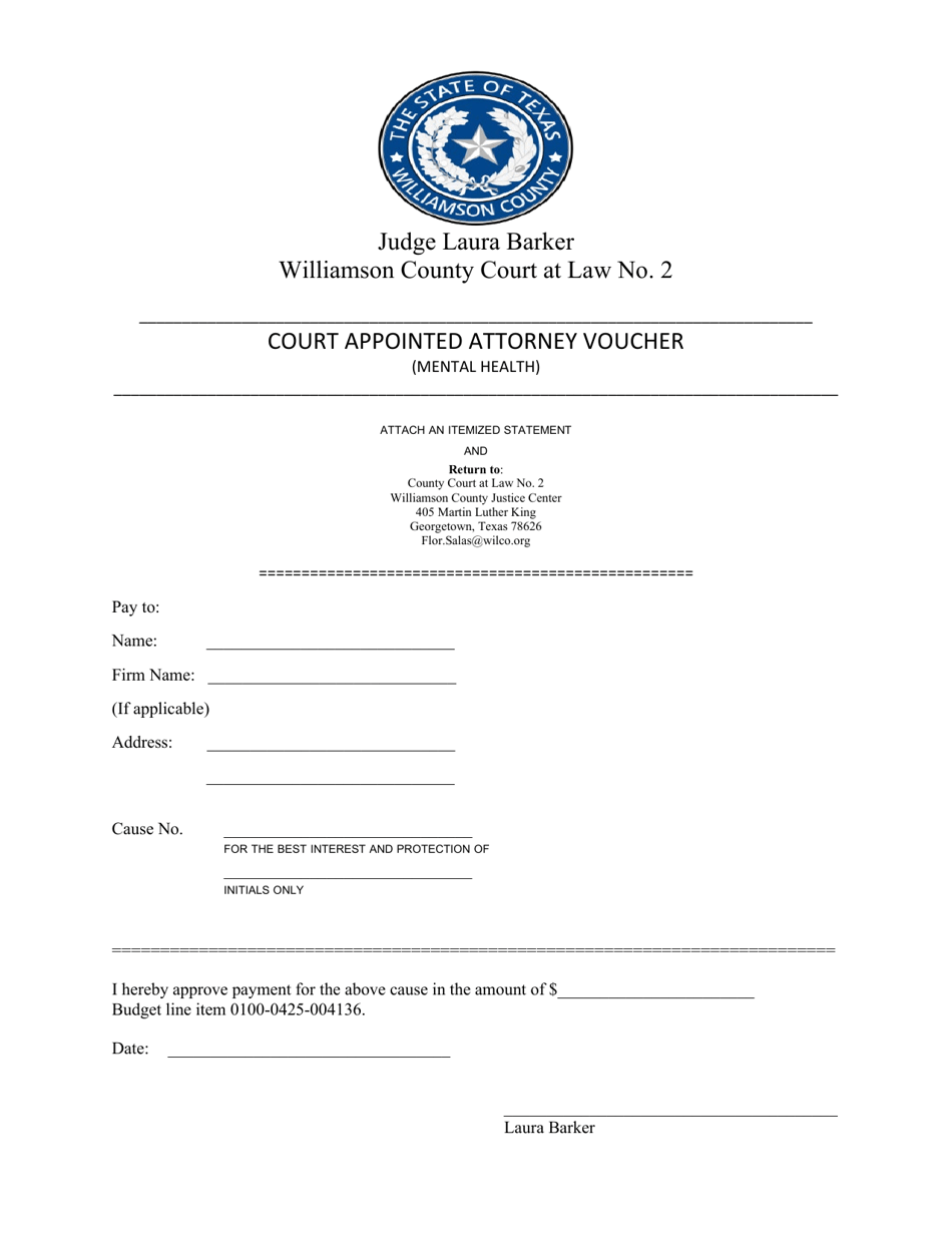 Court Appointed Attorney Voucher (Mental Health) - Williamson County Court at Law No. 2 - Williamson County, Texas, Page 1