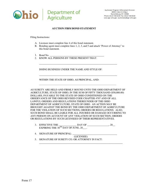 Form 17 Auction Firm Bond Statement - Ohio
