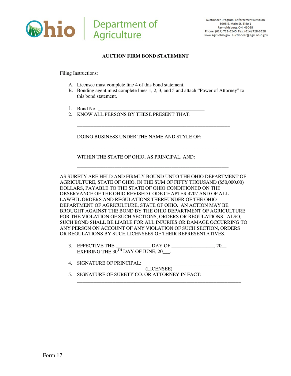 Form 17 Auction Firm Bond Statement - Ohio, Page 1