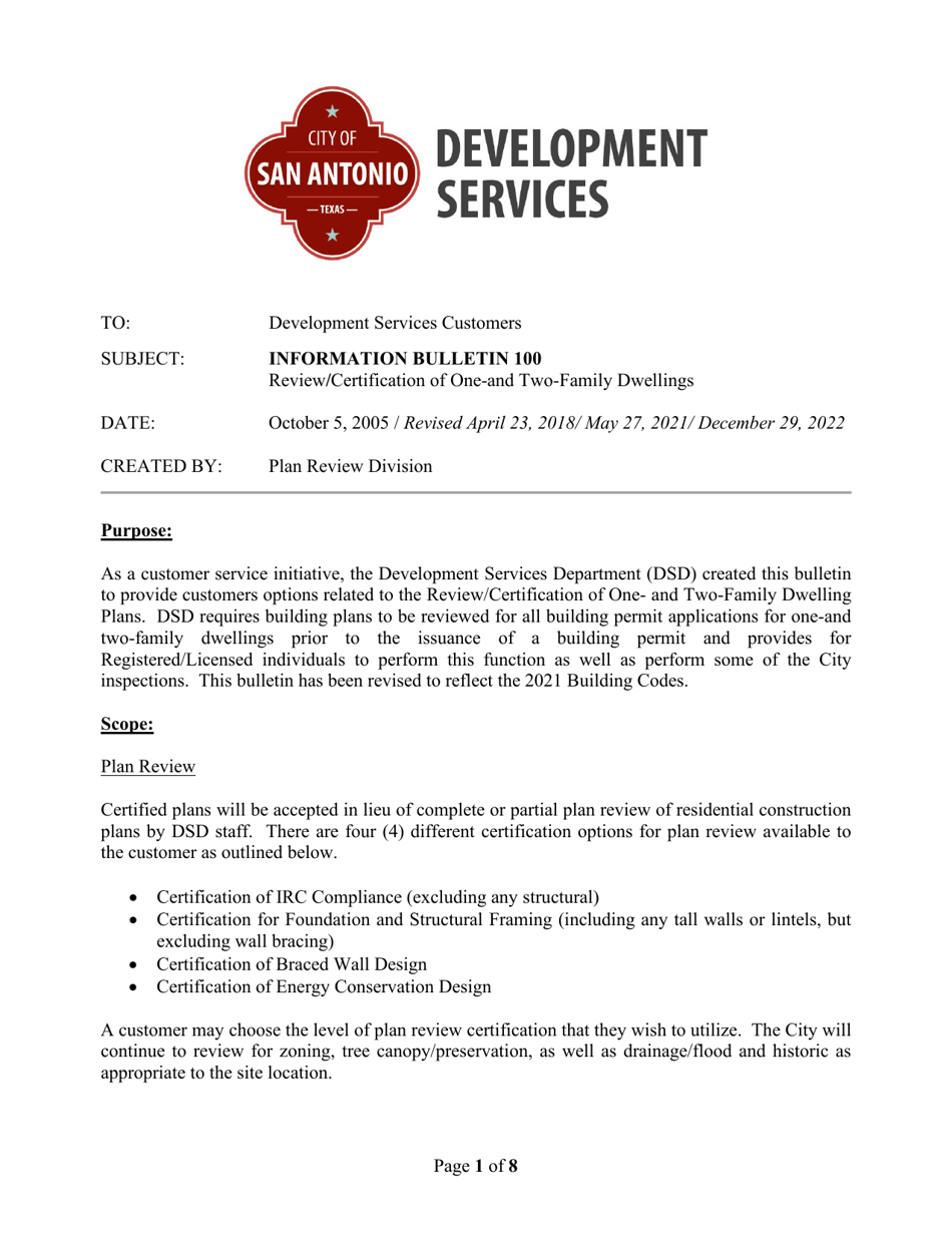 Review Certification of One / Two Family Dwelling - City of San Antonio, Texas, Page 1