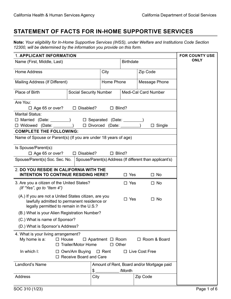 Form SOC310 Statement of Facts for in-Home Supportive Services - California, Page 1