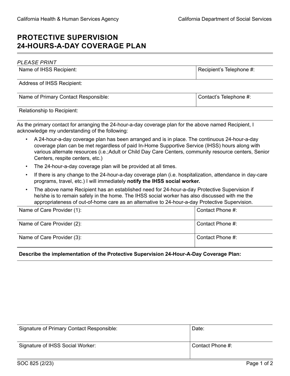 Form SOC825 Protective Supervision 24-hours-A-day Coverage Plan - California, Page 1