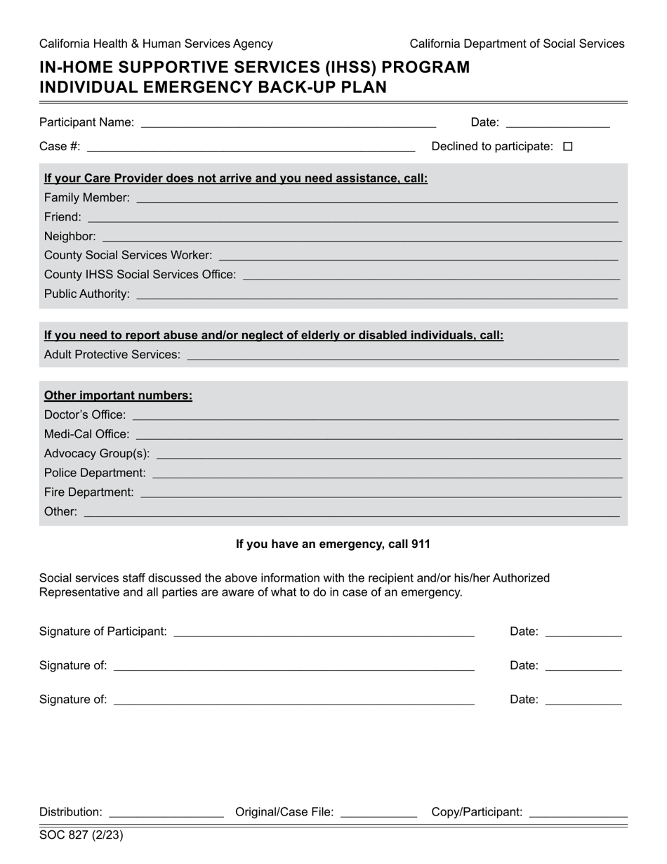 Form SOC827 Individual Emergency Back-Up Plan - in-Home Supportive Services (Ihss) Program - California, Page 1