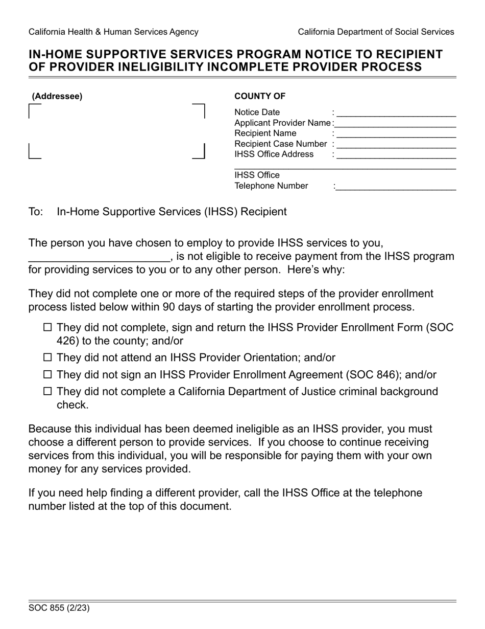 Form SOC855 In-home Supportive Services Program Notice to Recipient of Provider Ineligibility Incomplete Provider Process - California, Page 1