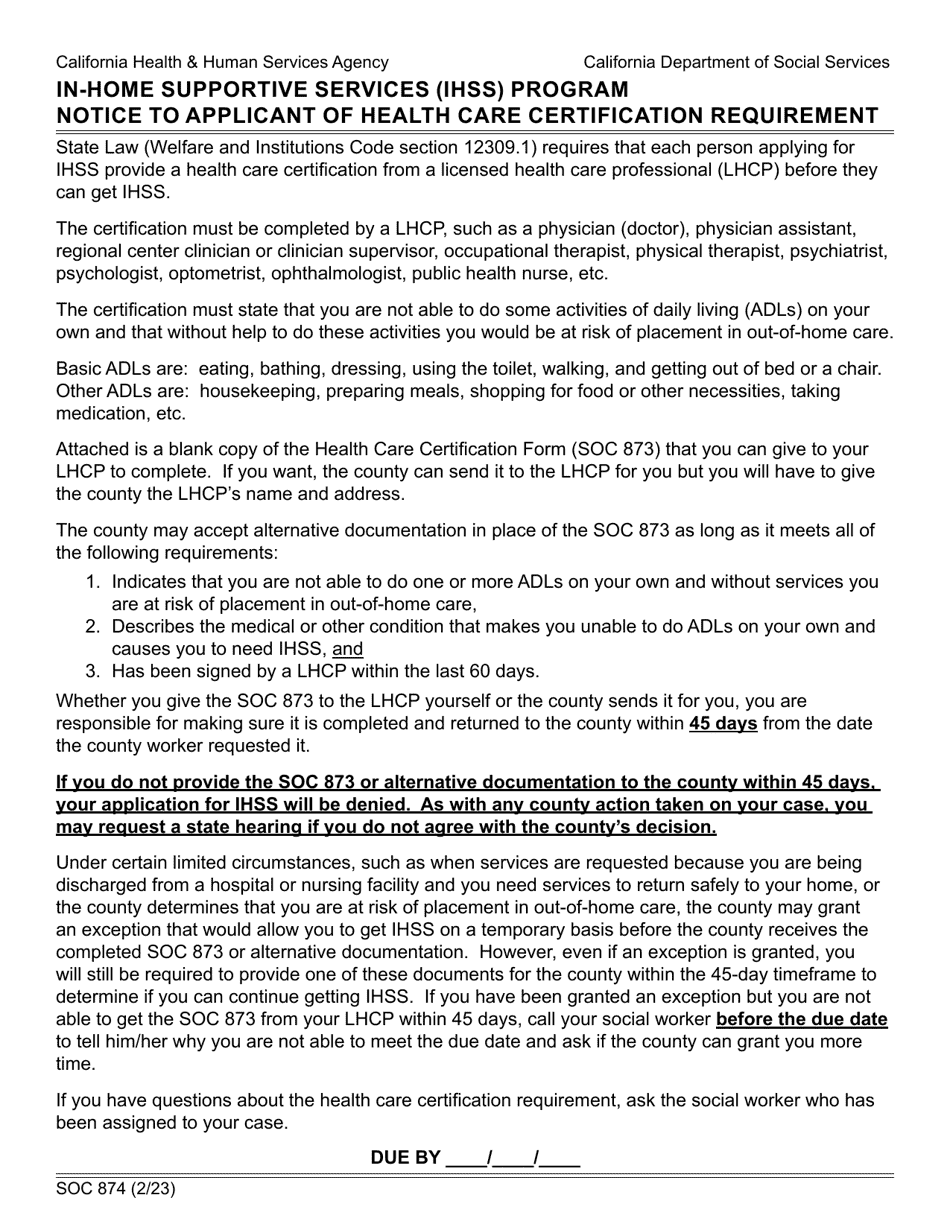 Form Soc874 Download Fillable Pdf Or Fill Online In Home Supportive Services Ihss Program 5993