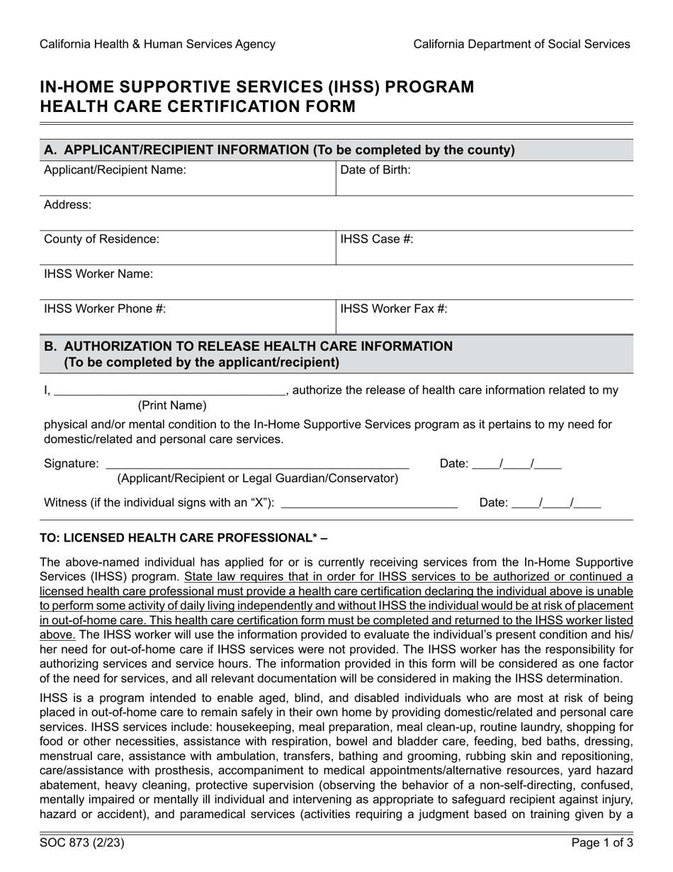 Form SOC873 In-home Supportive Services (Ihss) Program Health Care Certification Form - California, Page 1