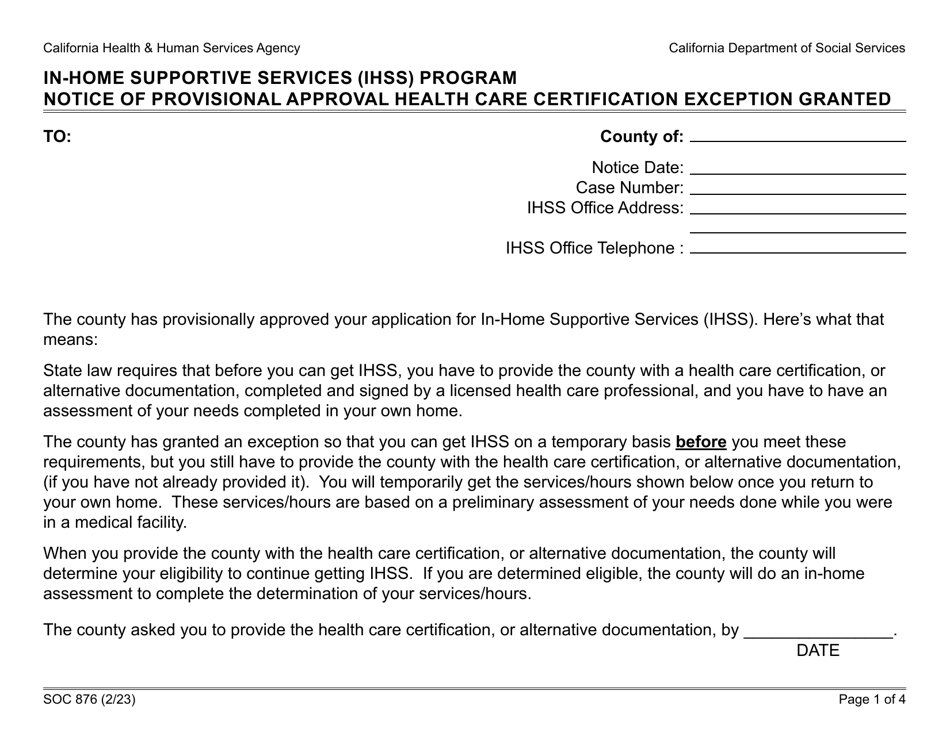 Form SOC876 In-home Supportive Services (Ihss) Program Notice of Provisional Approval Health Care Certification Exception Granted - California, Page 1