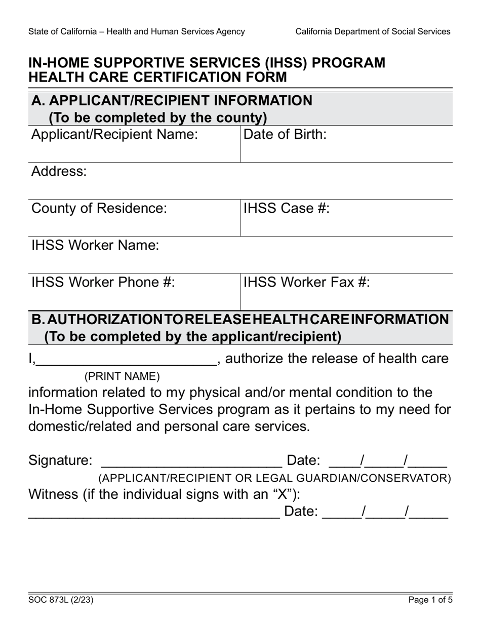 Form SOC873L Download Fillable PDF Or Fill Online In home Supportive 
