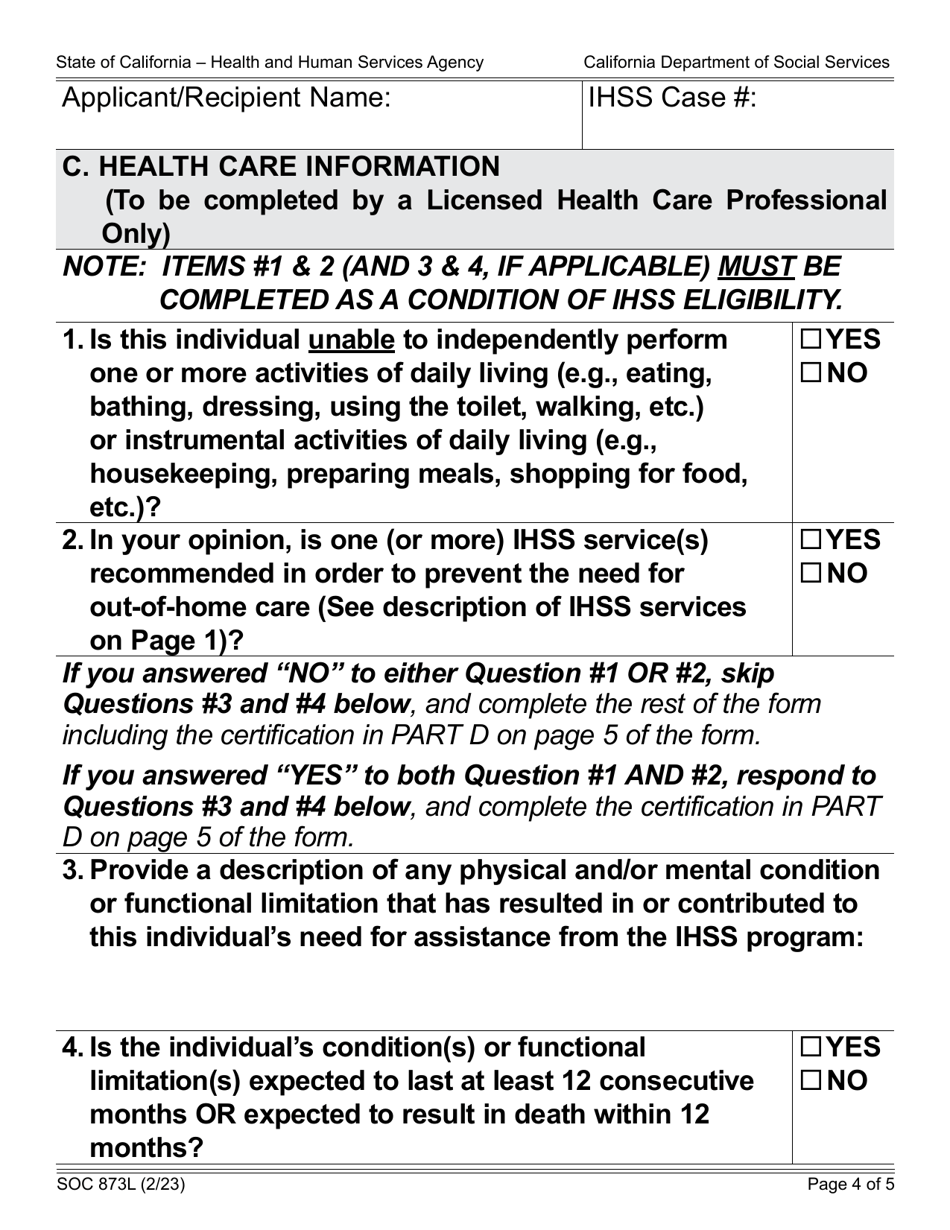 Form Soc873l Download Fillable Pdf Or Fill Online In Home Supportive Services Ihss Program 8191