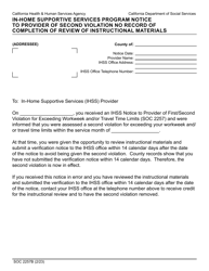Document preview: Form SOC2257B In-home Supportive Services Program Notice to Provider of Second Violation No Record of Completion of Review of Instructional Materials - California