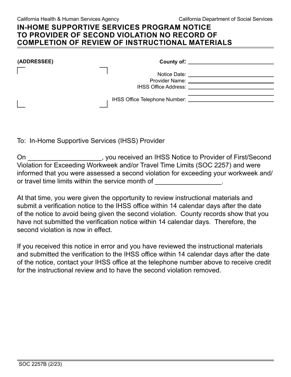 Form SOC2257B - Fill Out, Sign Online and Download Fillable PDF ...