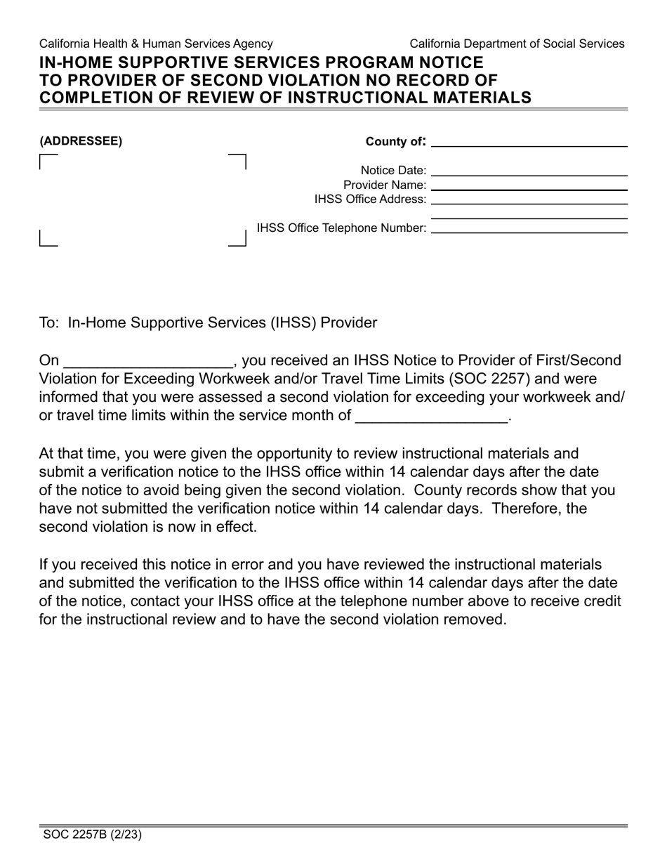 Form SOC2257B In-home Supportive Services Program Notice to Provider of Second Violation No Record of Completion of Review of Instructional Materials - California, Page 1