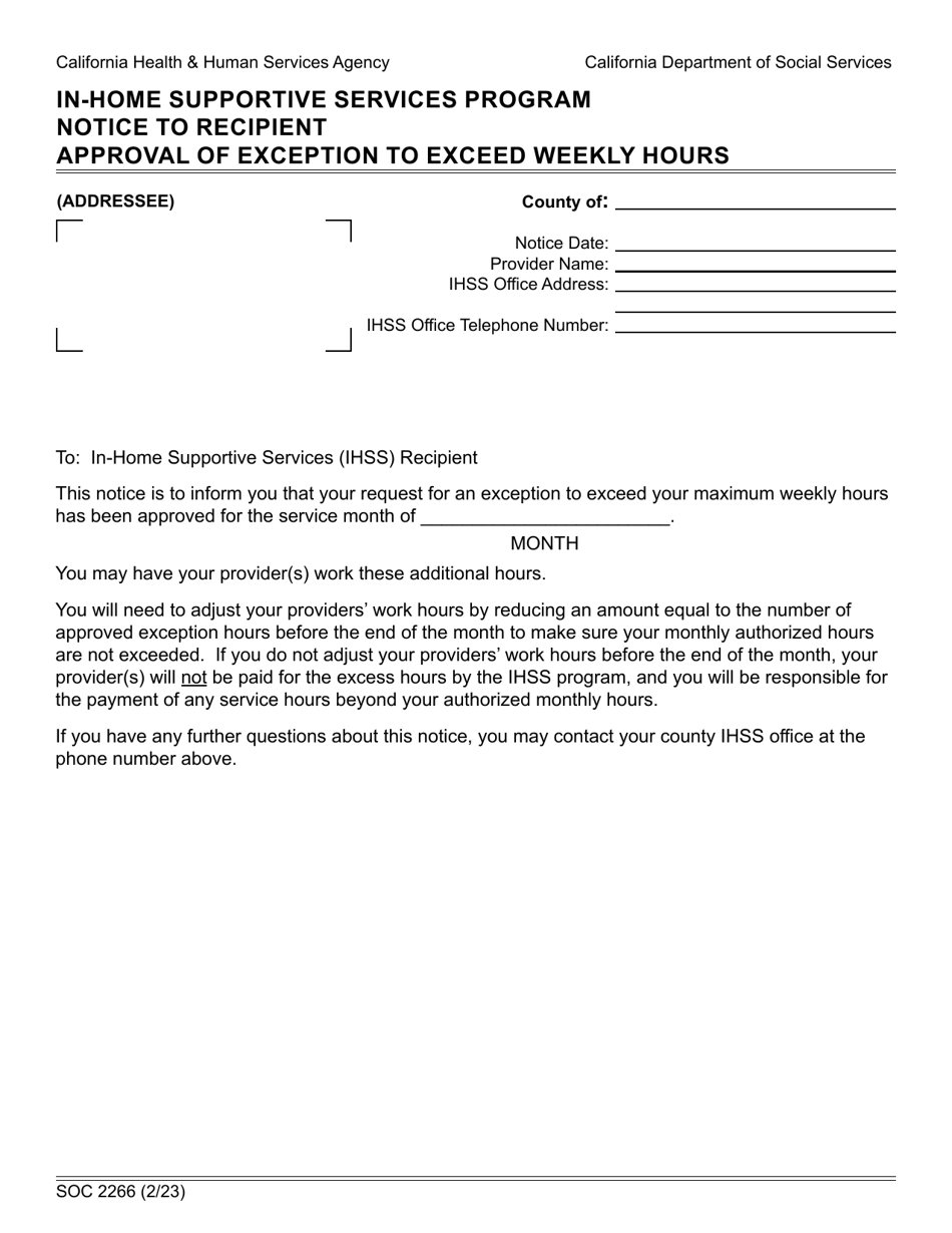 Form SOC2266 In-home Supportive Services Program Notice to Recipient Approval of Exception to Exceed Weekly Hours - California, Page 1