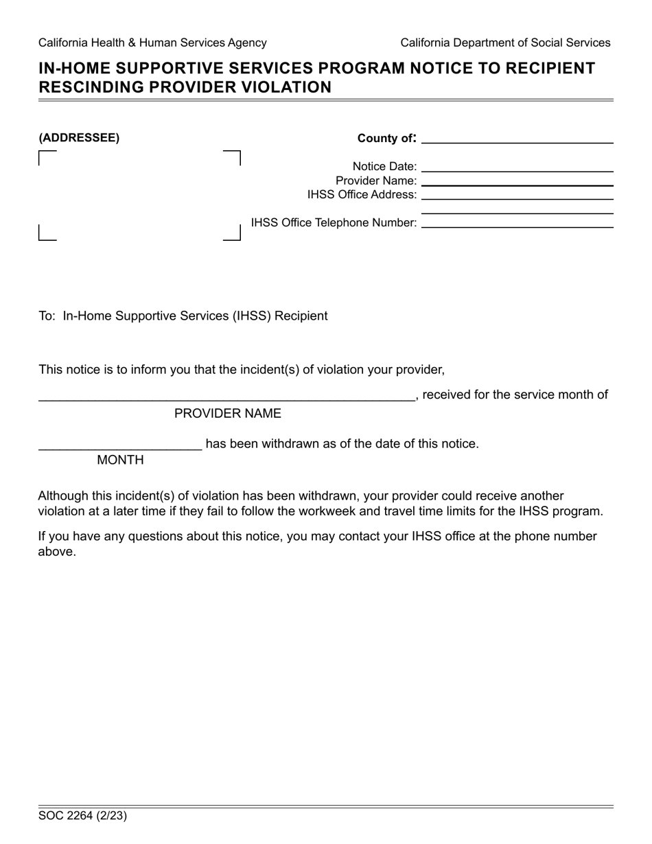 Form SOC2264 In-home Supportive Services Program Notice to Recipient Rescinding Provider Violation - California, Page 1