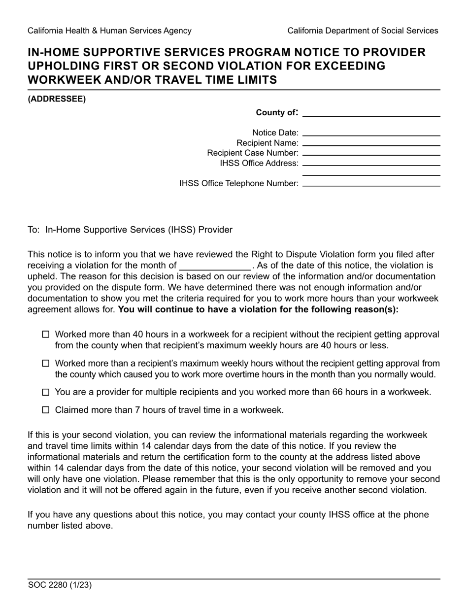 Form SOC2280 In-home Supportive Services Program Notice to Provider Upholding First or Second Violation for Exceeding Workweek and / or Travel Time Limits - California, Page 1