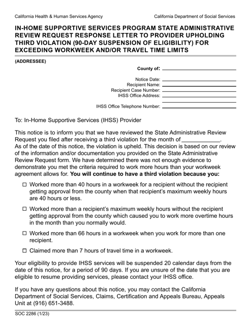 Form SOC2286 In-home Supportive Services Program State Administrative Review Request Response Letter to Provider Upholding Third Violation (90-day Suspension of Eligibility) for Exceeding Workweek and/or Travel Time Limits - California