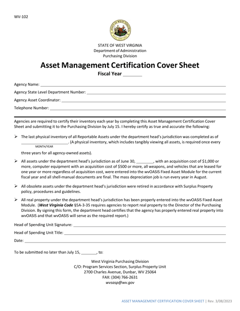 Form WV-102 Asset Management Certification Cover Sheet - West Virginia