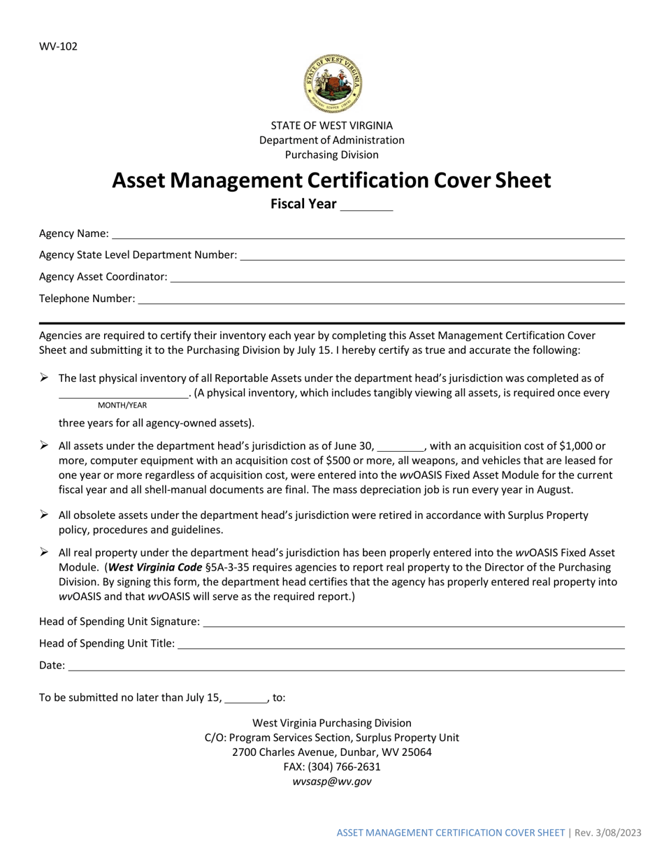 Form WV-102 Asset Management Certification Cover Sheet - West Virginia, Page 1