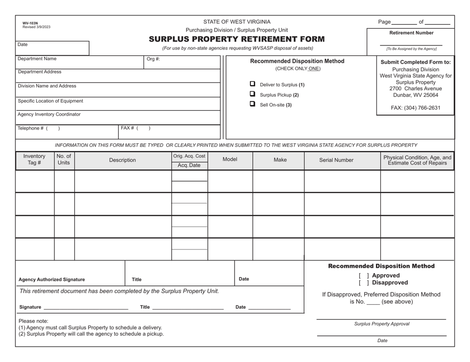 Form WV-103N Surplus Property Retirement Form - West Virginia, Page 1