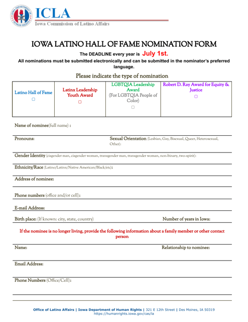 Iowa Latino Hall of Fame Nomination Form - Iowa