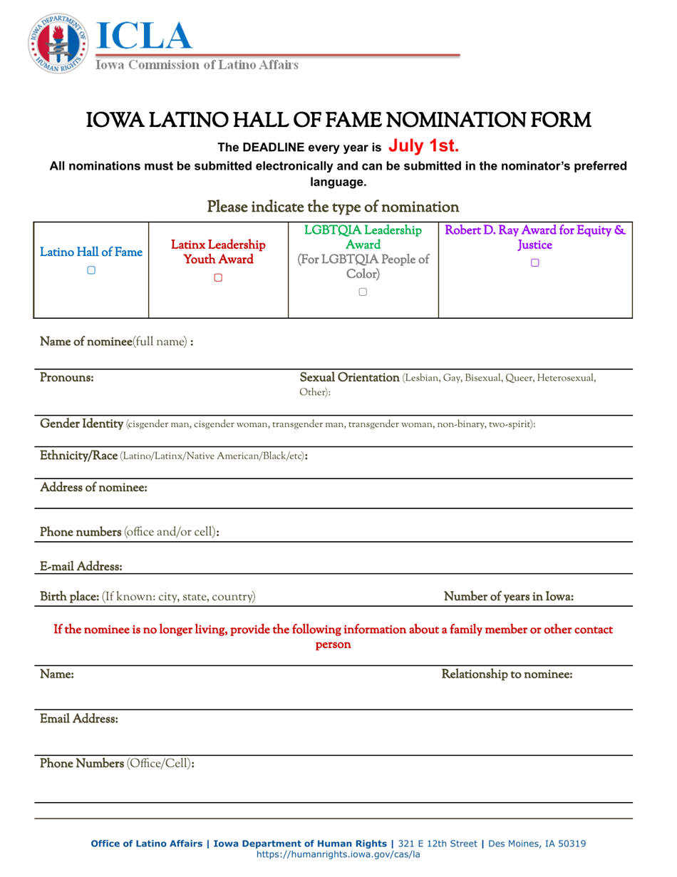 Iowa Latino Hall of Fame Nomination Form - Iowa, Page 1