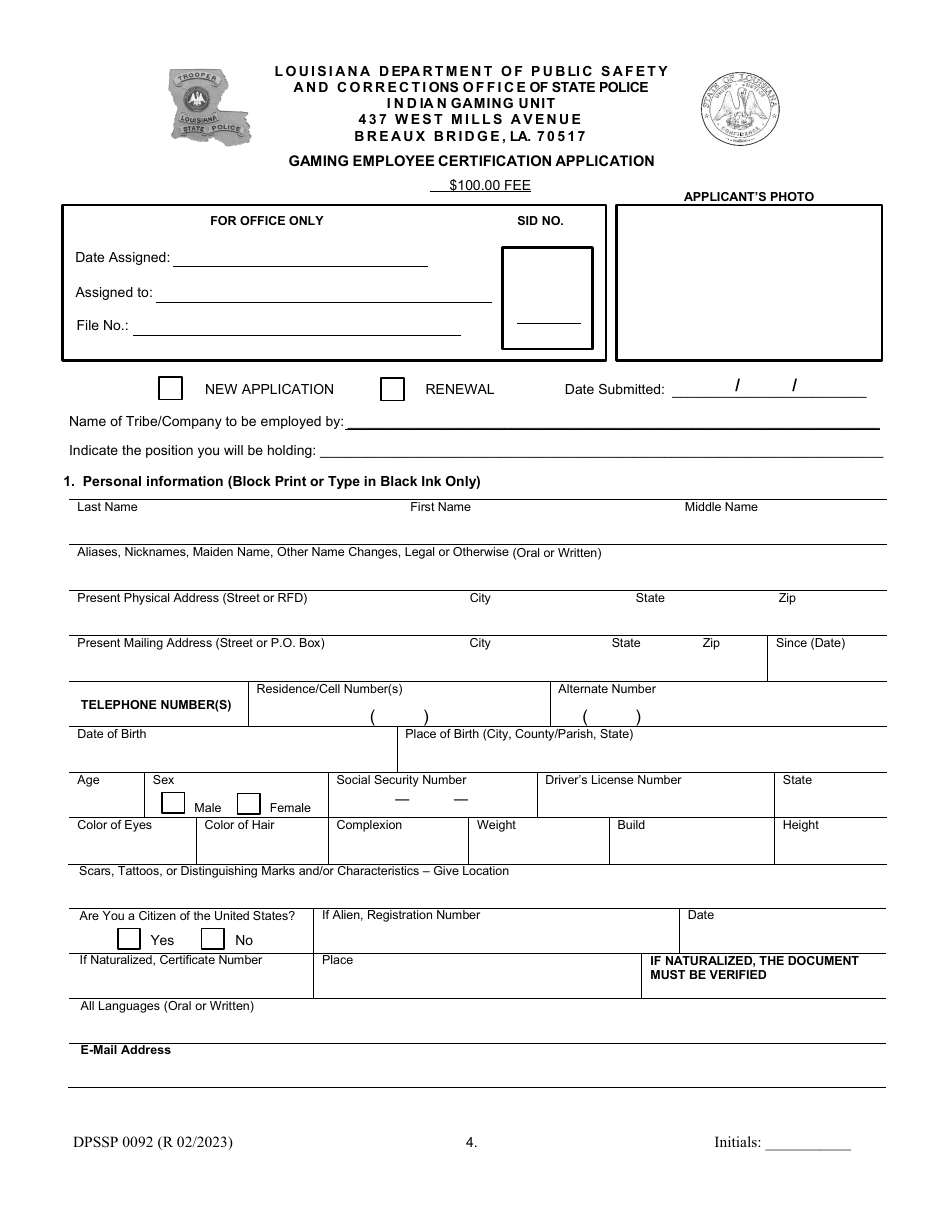 Form DPSSP0092 Gaming Employee Certification Application - Louisiana, Page 8