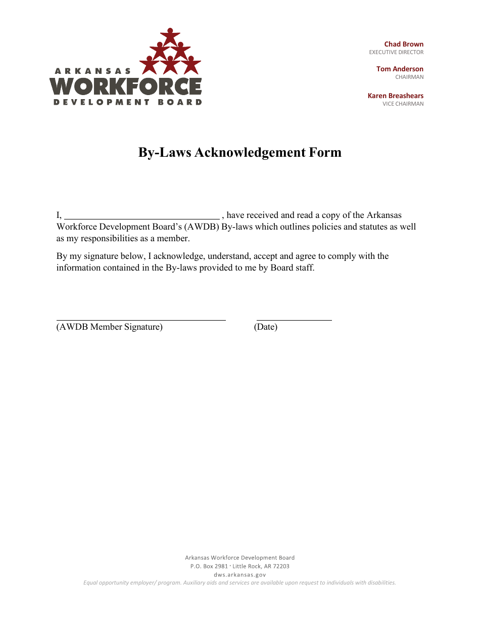 By-Laws Acknowledgement Form - Arkansas, Page 1