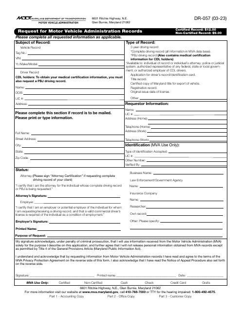 Form DR-057 Request for Motor Vehicle Administration Records - Maryland