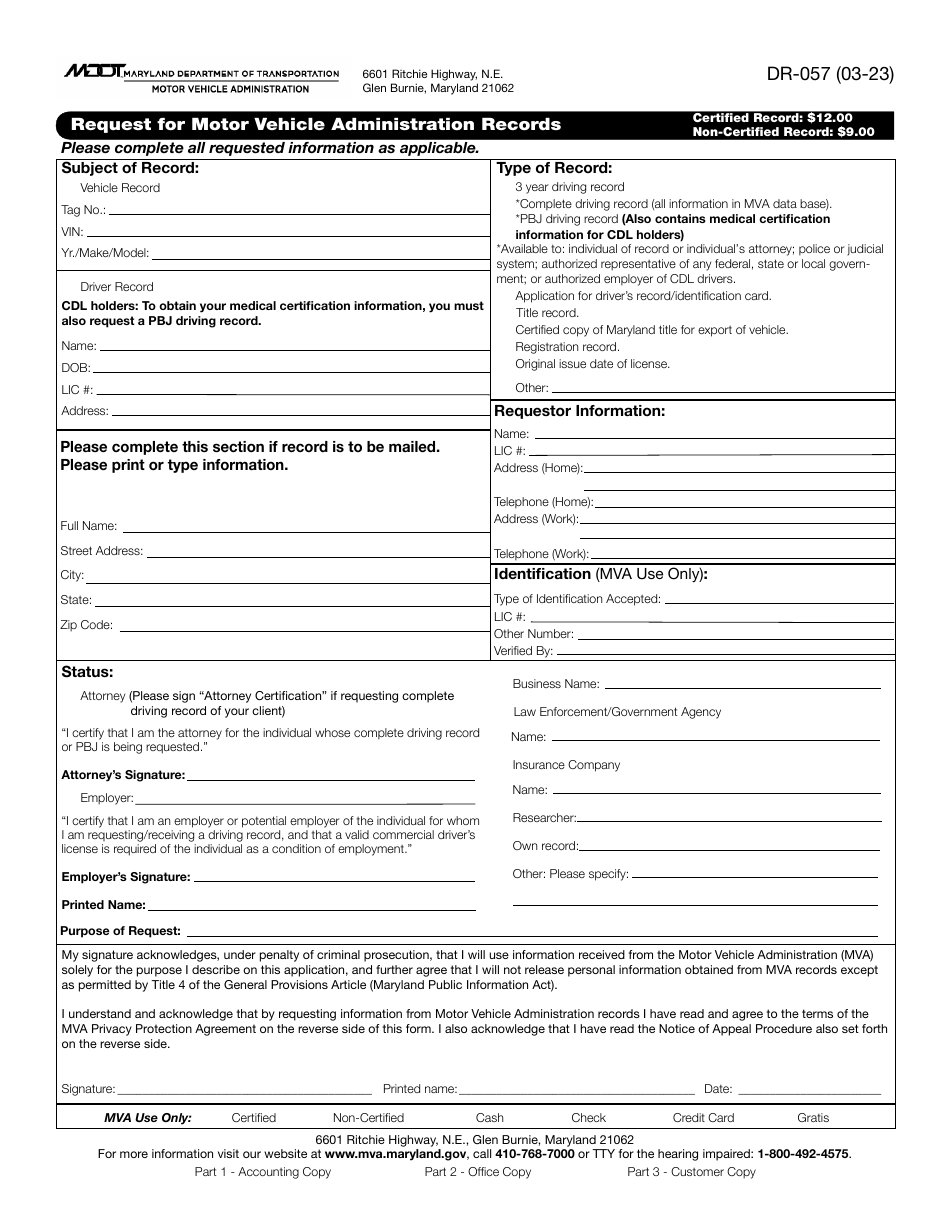 Form DR-057 Request for Motor Vehicle Administration Records - Maryland, Page 1