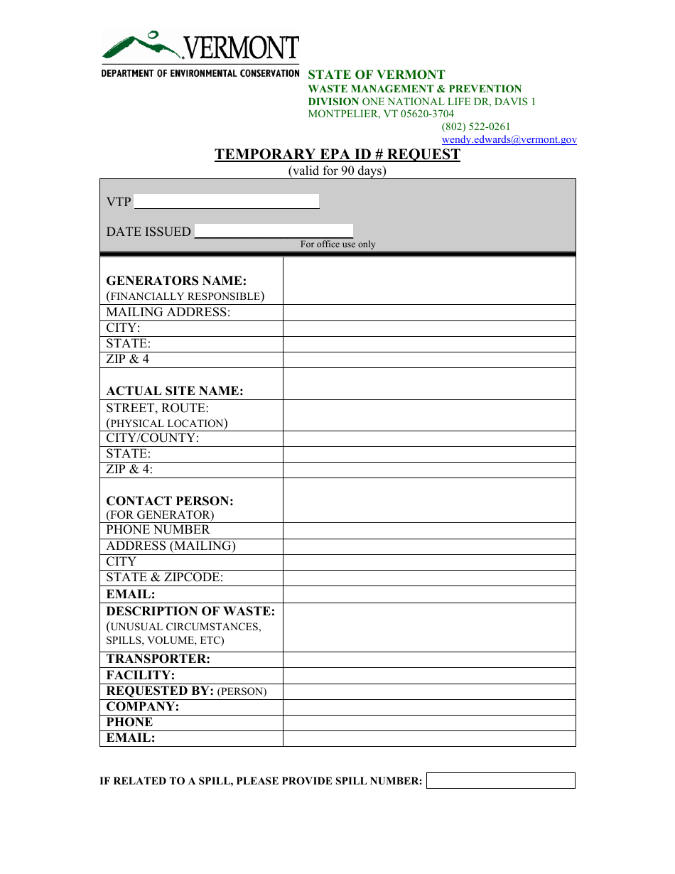 Vermont Temporary EPA ID Request Fill Out, Sign Online and Download