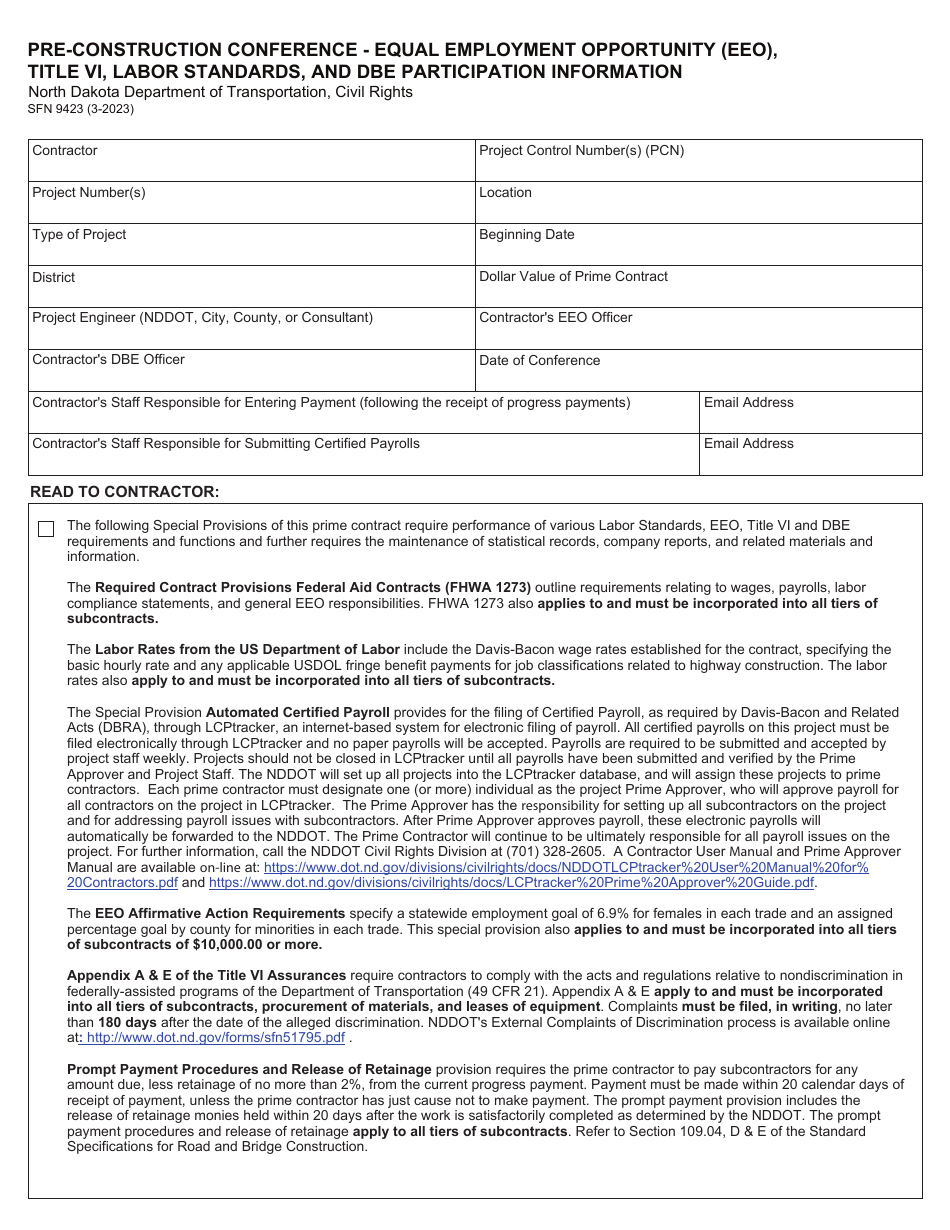 Form SFN9423 Pre-construction Conference - Equal Employment Opportunity (EEO), Title VI, Labor Standards, and Dbe Participation Information - North Dakota, Page 1