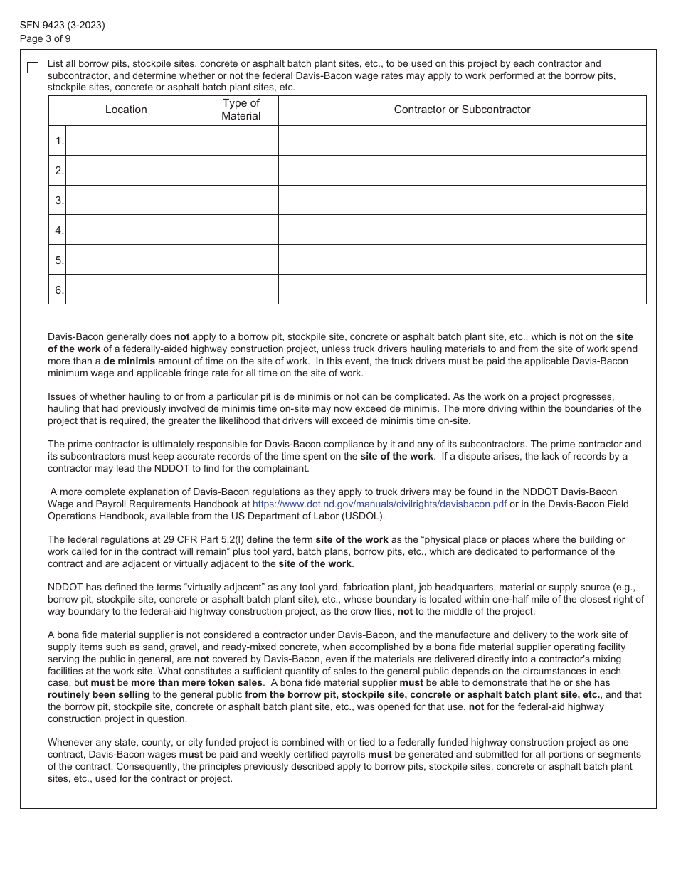 Form SFN9423 Pre-construction Conference - Equal Employment Opportunity (EEO), Title VI, Labor Standards, and Dbe Participation Information - North Dakota, Page 3