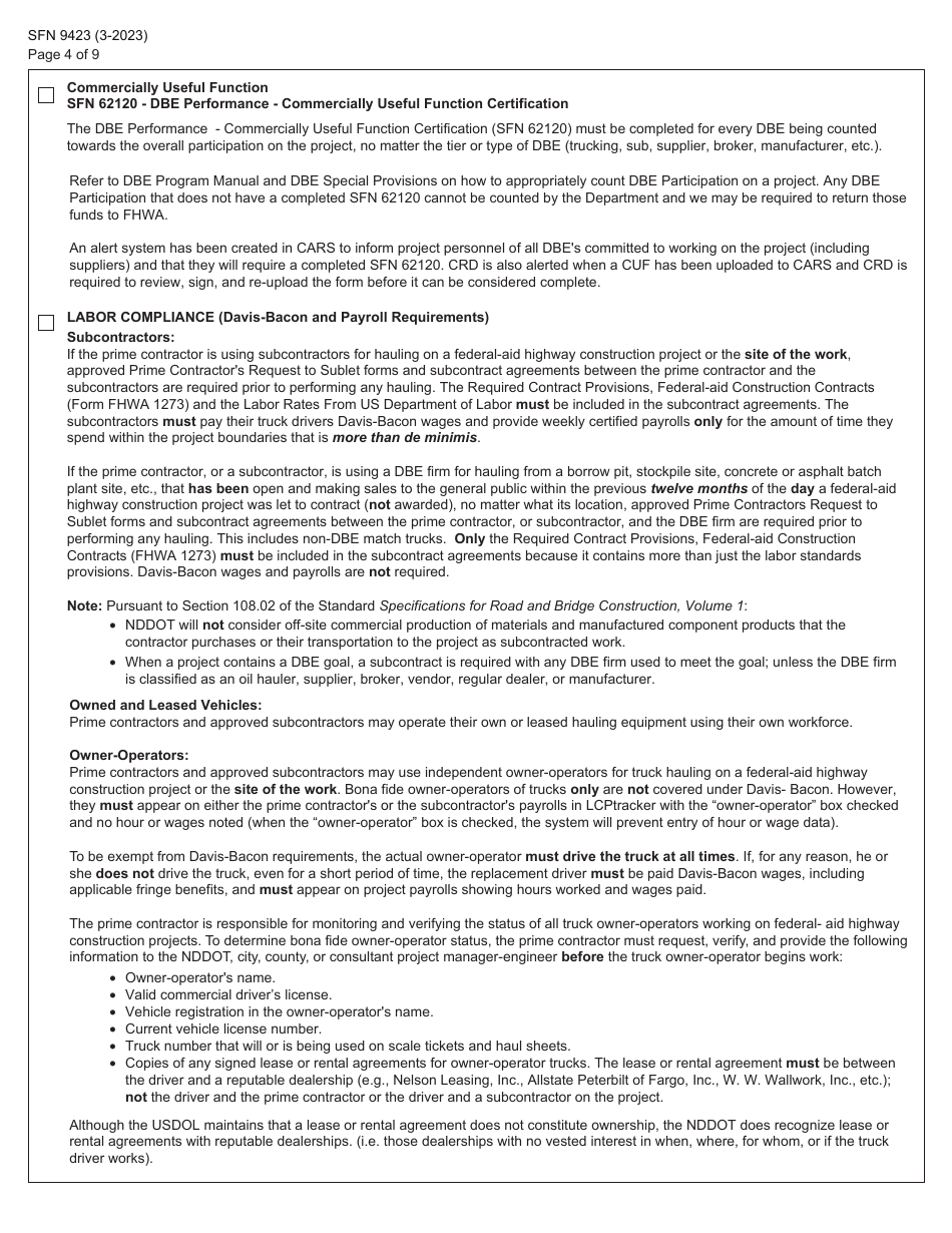 Form SFN9423 Pre-construction Conference - Equal Employment Opportunity (EEO), Title VI, Labor Standards, and Dbe Participation Information - North Dakota, Page 4